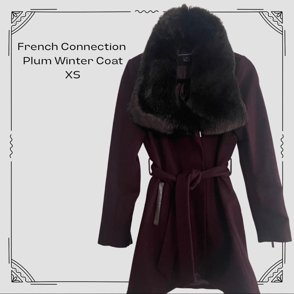 French Connection Plum Winter Pea Coat with Faux Fur Collar